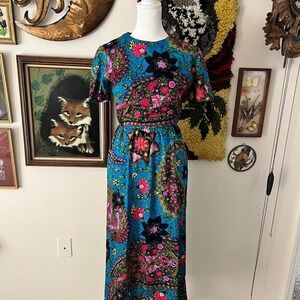 Rare Hand-sewn Vintage 1960s/70s Psychedelic Paisley Maxi Dress Modern S/M